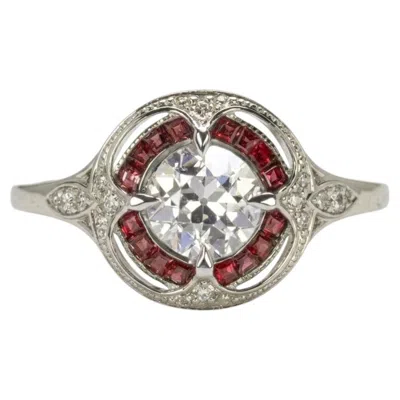 Pre-owned 1stdibs Old European Cut Diamond Ruby Halo Art Deco Style Ring In Multi