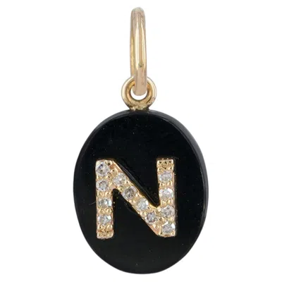 Pre-owned 1stdibs Onyx Gemstone Charm Natural Diamond Solid 14k Yellow Gold N Initial Pendant