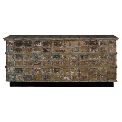 Pre-owned 1stdibs Original Paint Patina Elm Server With Meta Elements On Plinth Base In Brown