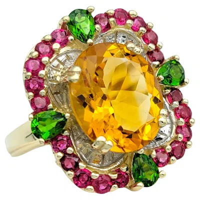 Pre-owned 1stdibs Oval Citrine Cocktail Ring With Ruby And Peridot In 14 Karat Yellow Gold