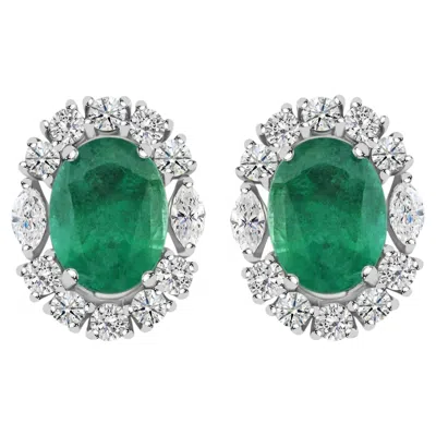 Pre-owned 1stdibs Oval Cut Zambian Emerald Diamond Cluster Stud Earrings Handmade 18k White Gold