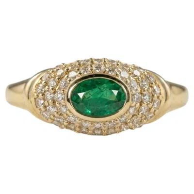Pre-owned 1stdibs Oval Emerald And Diamond Pave Bombe Cocktail Ring In 14k Yellow Gold