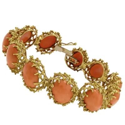Pre-owned 1stdibs Oval Shape Orange Corals, 18k Yellow Gold Clamper Retrò Bracelet