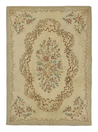 Pre-owned 1stdibs Oversized Antique Hooked Rug In Gold With Chinese Floral Designs - Rug & Kilim In Brown