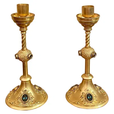 Pre-owned 1stdibs Pair Antique French Gold Bronze And Mosaic Candlesticks, Circa 1890. In Brown