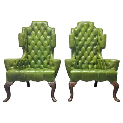 Pre-owned 1stdibs Pair Antique Style Tufted Leather Wingback Chairs In Brown