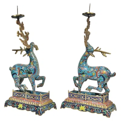 Pre-owned 1stdibs Pair Chinese Deer-form Cloisonne Enameled Metal Candle Holders / Candlesticks In Gray