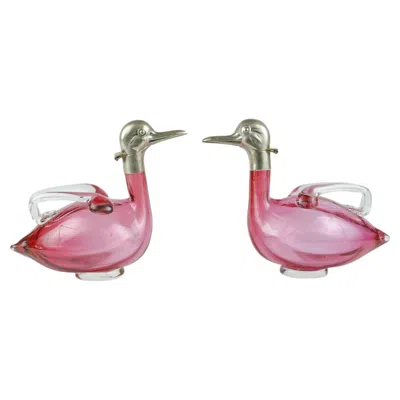 Pre-owned 1stdibs Pair Of 1960s Czech Silver-plated And Cranberry Glass Figural Duck Claret Jugs In Red