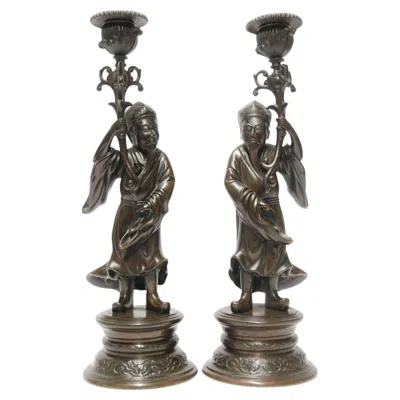 Pre-owned 1stdibs Pair Of 19th C French Bronze Candlesticks In The Form Of Chinese Figures C 1870 In Gold