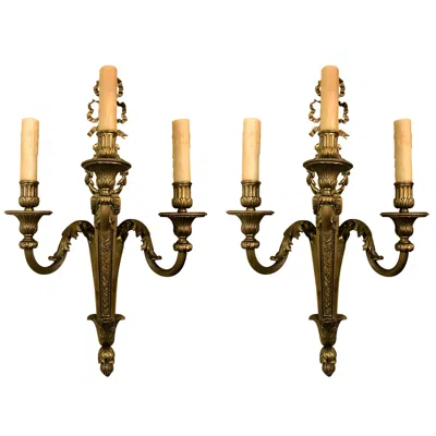 Pre-owned 1stdibs Pair Of Antique 19th Century French Louis Xvi Gold Bronze Sconces In Brown