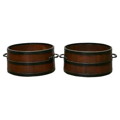 Pre-owned 1stdibs Pair Of Antique English Bushel Measures With Iron Bands, Rustic Decor In Brown