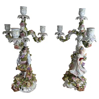 Pre-owned 1stdibs Pair Of Antique German Porcelain Figural Candelabra With Floral Decoration In Gray