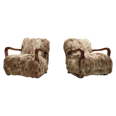 Pre-owned 1stdibs Pair Of Art Deco Armchairs In Longhair Sheepskin, Europe Early 20th Century In Brown