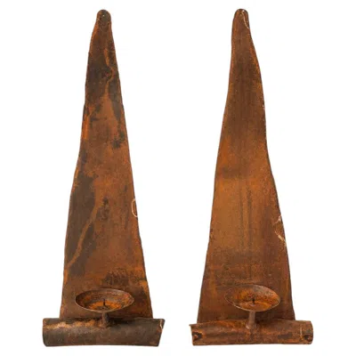 Pre-owned 1stdibs Pair Of Artist-made Brutalist Welded Steel Wall Candle Sconces, American Studio In Brown