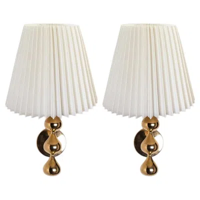 Pre-owned 1stdibs Pair Of Asmussen 3 Drops Gold Plated Wall Lights With Pleated Lampshade, Denmark