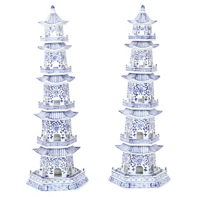 Pre-owned 1stdibs Pair Of Blue And White Porcelain Pagoda Towers