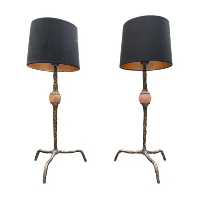 Pre-owned 1stdibs Pair Of Brass And Quartz Organic Table Lamps In Black