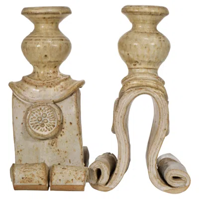 Pre-owned 1stdibs Pair Of Brutalist Candle Holders, American Studio Art Pottery In Brown