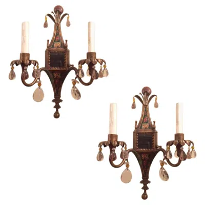 Pre-owned 1stdibs Pair Of English Painted Tole Sconces With Crystals In Brown