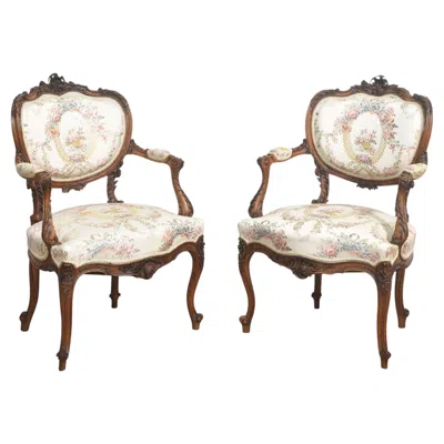 Pre-owned 1stdibs Pair Of Fine Quality French Walnut Open Armchairs In Brown