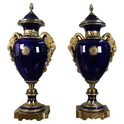 Pre-owned 1stdibs Pair Of Fine Sèvres Style Cobalt Blue Porcelain Ram's Head Lidded Urns