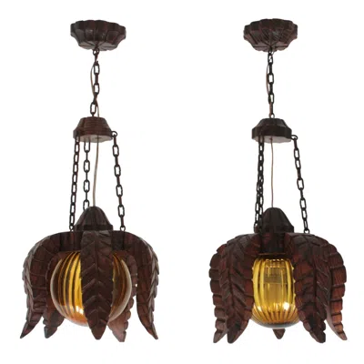 Pre-owned 1stdibs Pair Of Flower Sunburst Pendants In Wood & Amber Glass, Spanish Colonial, 1940s In Brown
