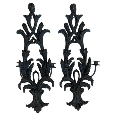 Pre-owned 1stdibs Pair Of French Blue Painted Wood Candle Wall Sconces, Wheat And Acanthus