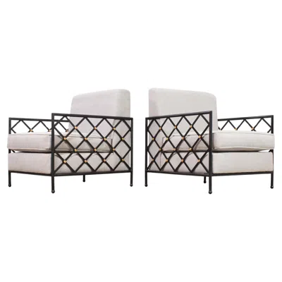 Pre-owned 1stdibs Pair Of French Maison Jean Iron Lattice Brass Lounge Chairs In Gray