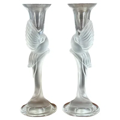 Pre-owned 1stdibs Pair Of Frosted Crystal Snow Dove Candlesticks In White