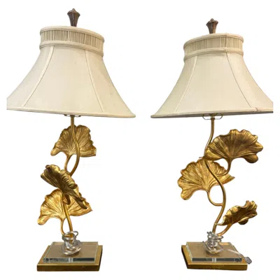 Pre-owned 1stdibs Pair Of Gilt Bronze Ginkgo Leaf Table Lamps With Shades In Gold