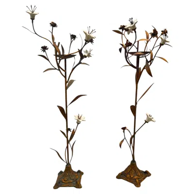 Pre-owned 1stdibs Pair Of Italian Mid-century Floral Candlesticks In Patinated Steel And Porcelain In Gold
