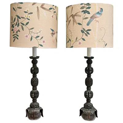 Pre-owned 1stdibs Pair Of Japanese Meiji Era Bronze Candle Holders, As Lamps With Gracie Shades In Gold