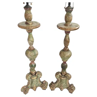 Pre-owned 1stdibs Pair Of Large Antique Celadon Green & Gilded Candlestick Table Lamps