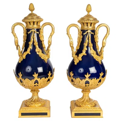Pre-owned 1stdibs Pair Of Lidded Vases In Sèvres Blue Porcelain, Gilded Bronze, Napoleon Iii-era.