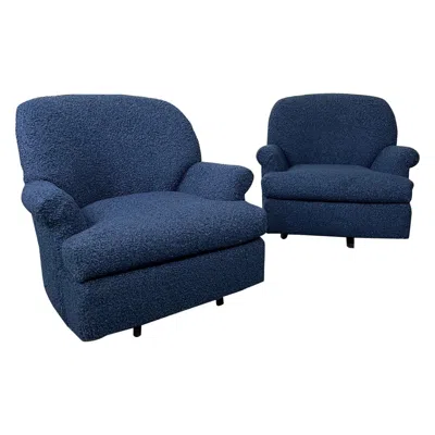 Pre-owned 1stdibs Pair Of Mid-century Modern Scroll Arm Swivel Lounge / Arm Chairs, Faux Shearling In Brown