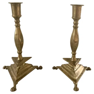 Pre-owned 1stdibs Pair Of Mid-century Neoclassical Brass Paw Foot Candlesticks In Brown