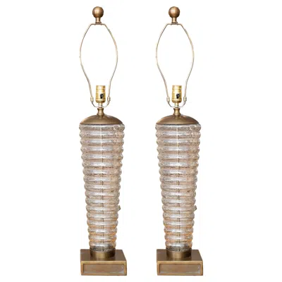 Pre-owned 1stdibs Pair Of Mid-century Ribbed Glass Table Lamps In Brown