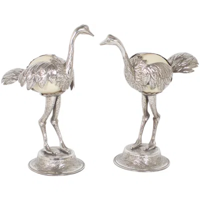 Pre-owned 1stdibs Pair Of Mid-century Silvered Ostrich Sculptures Constructed With Ostrich Eggs In Gray