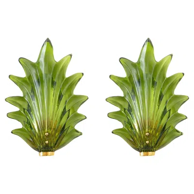 Pre-owned 1stdibs Pair Of Murano Green Leaf Glass Wall Lights, In Stock