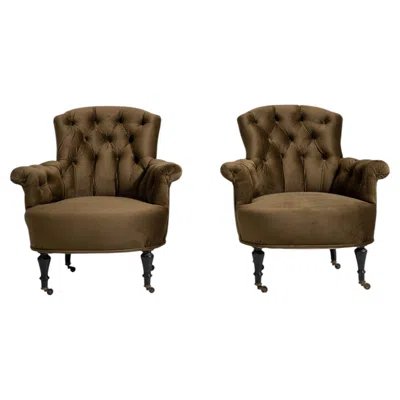 Pre-owned 1stdibs Pair Of Napoleon Iii Armchairs With Velvet Upholstery In Brown