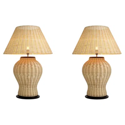 Pre-owned 1stdibs Pair Of Natural Rattan Table Lamps. In Sand