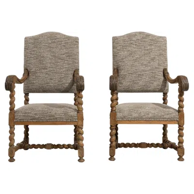 Pre-owned 1stdibs Pair Of Oak Castle Upholstered Armchairs In Brown