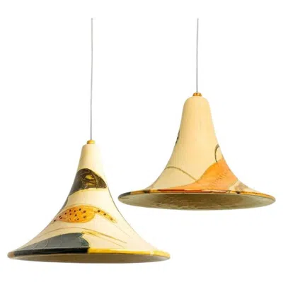 Pre-owned 1stdibs Pair Of Ochre Blue Cream Orange Ceramic Cone Pendants, Denmark, 1970 In White