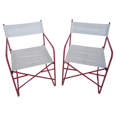 Pre-owned 1stdibs Pair Of Red Metal Folding Director Chairs In White Fabric