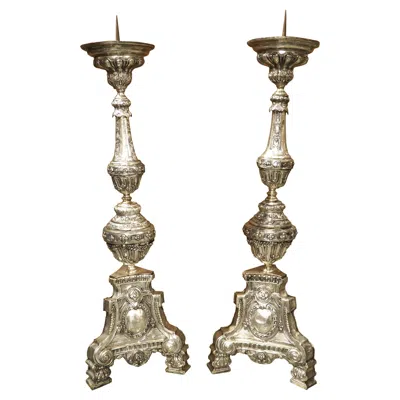 Pre-owned 1stdibs Pair Of Tall 18th Century Silvered Brass Candlesticks From France In Brown