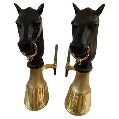 Pre-owned 1stdibs Pair Of Vintage English Brass And Cast-iron Horse Head Andirons, C. 1940 In Black