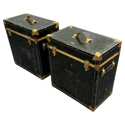 Pre-owned 1stdibs Pair Of Vintage Meek's Leather Campaign Luggage Trunks Side Tables Nightstands In Brown