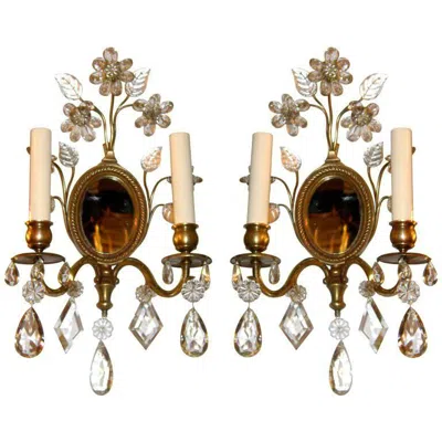 Pre-owned 1stdibs Pair Of Vintage Mirrored Back Sconces With Crystal Flowers In Sand