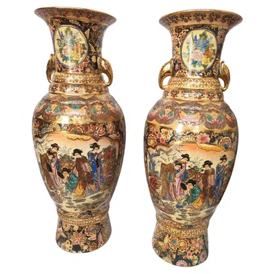 Pre-owned 1stdibs Pair Of Vintage Royal Satsuma Vases Large 24" Tall Vase Porcelain Signed Asian In Brown