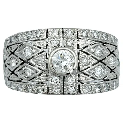 Pre-owned 1stdibs Pavé Diamond Quilted Motif Cutout Band Ring With Milgrain 14 Karat White Gold